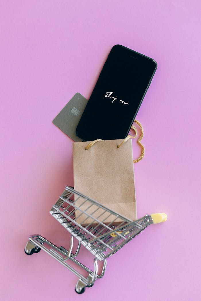 about-us A smartphone, credit card, and bag in a miniature shopping cart on a pink background.